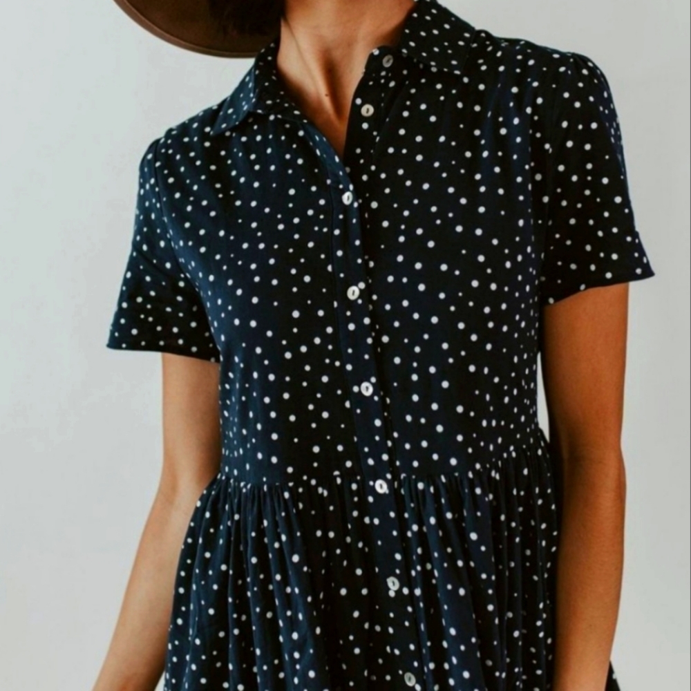 SPOTTED SHIRT COLLAR MIDI DRESS